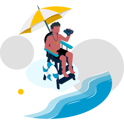 llustration représentant un sauveteur au bord de la plage, assis sur sa chaise sous un parasol. Il symbolise quelqu'un toujours en alerte (comme le back-up)